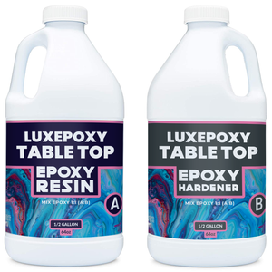 Two half gallon plastic jugs of Luxepoxy Table Top Epoxy Resin sitting side by side with blue, pink and gray labels.