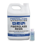 Gallon sized white jug of Fiberglass DCPD/ ortho blend polyester resin with MEKP catalyst hardener two ounce bottle.