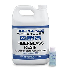 Gallon sized white jug of Fiberglass DCPD/ ortho blend polyester resin with MEKP catalyst hardener two ounce bottle.