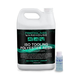 One gallon white plastic jug of ISO tooling polyester resin with 2 ounce MEKP hardener bottle sitting right next to it.
