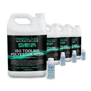 Four plastic top handled jugs of Fiberglass Warehouse brand ISO tooling polyester resin. Labels on jugs are bright green, black and white. Small 2 ounce bottles of MEKP sit by each gallon of resin.