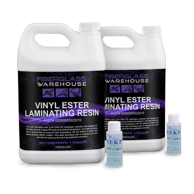 Two white gallon jugs of vinyl ester laminating resin sitting one right in front of the other with MEKP catalyst sitting next to it.