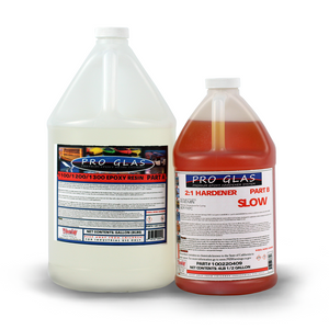 One gallon clear epoxy resin part A with half gallon orange Part B slow speed epoxy hardener. 2:1 epoxy resin kit.