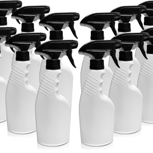 12  white plastic spray bottles with black nozzles.