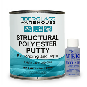 Fiberglass Warehouse structural polyester putty metal quart can sitting next to MEKP catalyst.