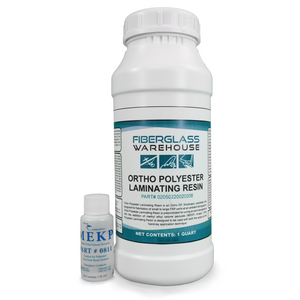 Quart of ortho polyester laminating resin sitting next to 1 ounce MEKP catalyst bottle.