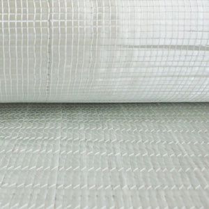 Roll of 0/90 biaxial fiberglass fabric. 0/90 configured fabric stitched to a 3/4 ounce fiberglass chopped strand mat.