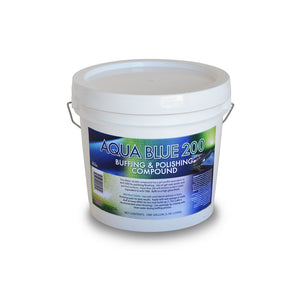 Gallon plastic tub of Aqua Blue 200 Buffing and Polishing Compound. Water soluble compound that removes scratches and buffs to a high gloss finish.