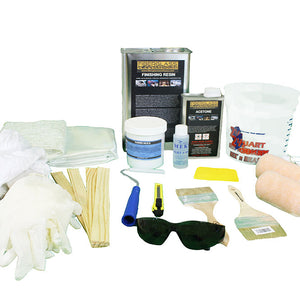 Fiberglass Warehouse gallon fiberglass and resin repair kit that includes- chopped strand mat, fiberglass cloth, finishing polyester resin, mixing cups,gloves, stir sticks, chip brushes, safety glasses, laminating roller, MEKP, fumed silica, squeegee, roller covers and acetone.