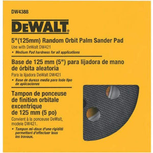 Packaging with 5" Random orbit palm sander pad showing through an opening. Meant to be used with DeWalt DW421.