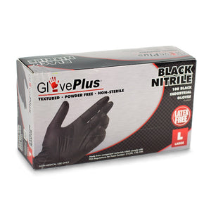 100 count box of black nitrile gloves for hand protection. Non-medical use.