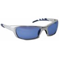 Blue lenses with silver frames. Safety glasses used when working with materials that are harmful to eyes.